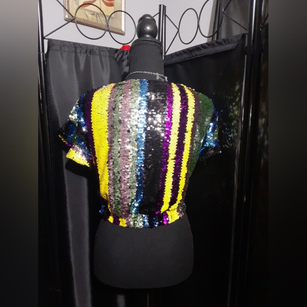 Anthropologie Rdalamal Green and Blue Sequin Metalic Sleeve Blouse Sycadelic S/P - Picture 6 of 9